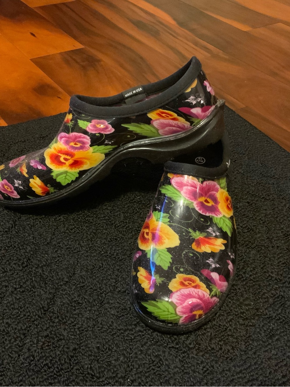 Sloggers Black Floral Slip-On Clogs NWOT